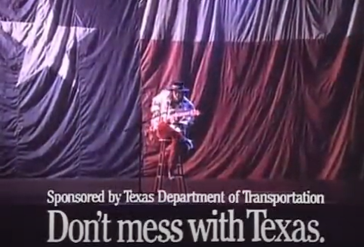 Musician Stevie Ray Vaughan sings for Don't mess with Texas.